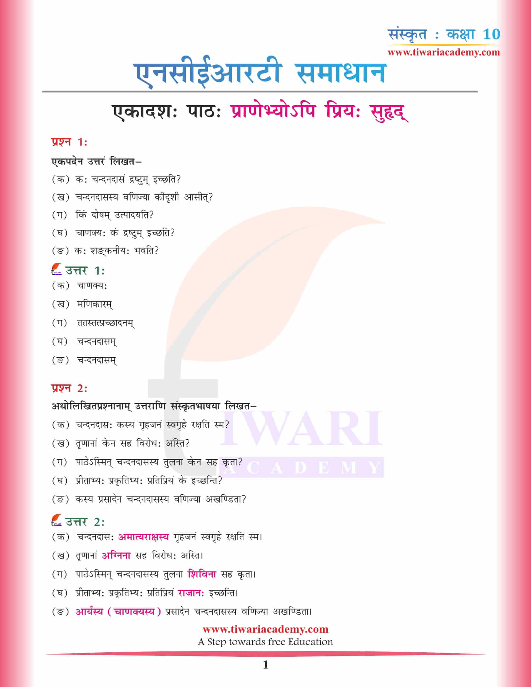 कक्षा 10 संस्कृत अध्याय 11 एनसीईआरटी समाधान