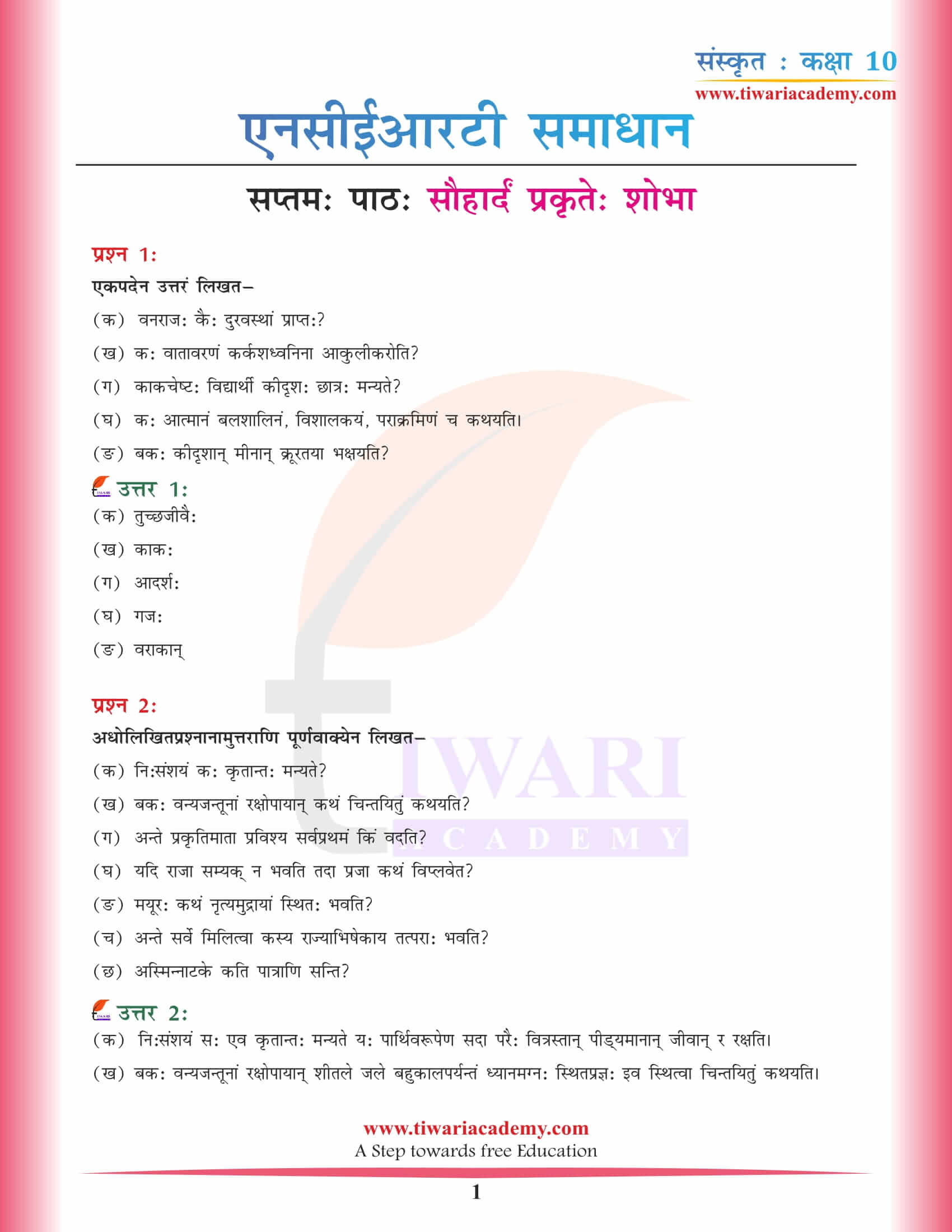 कक्षा 10 संस्कृत अध्याय 7 एनसीईआरटी समाधान