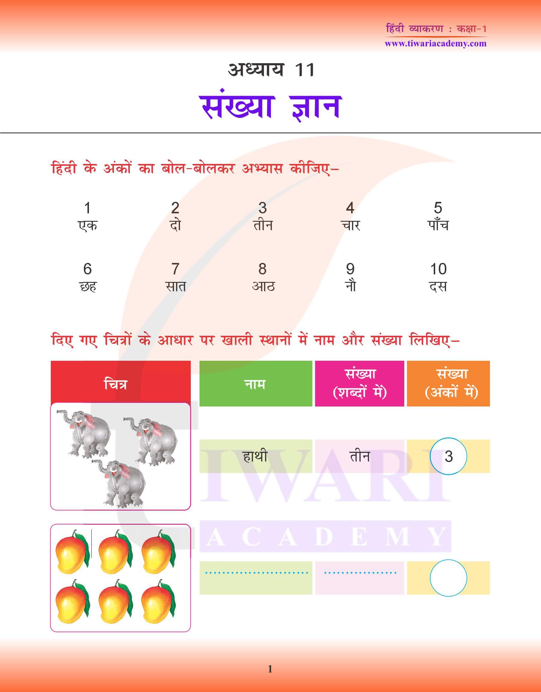 कक्षा 1 हिंदी व्याकरण में संख्या ज्ञान
