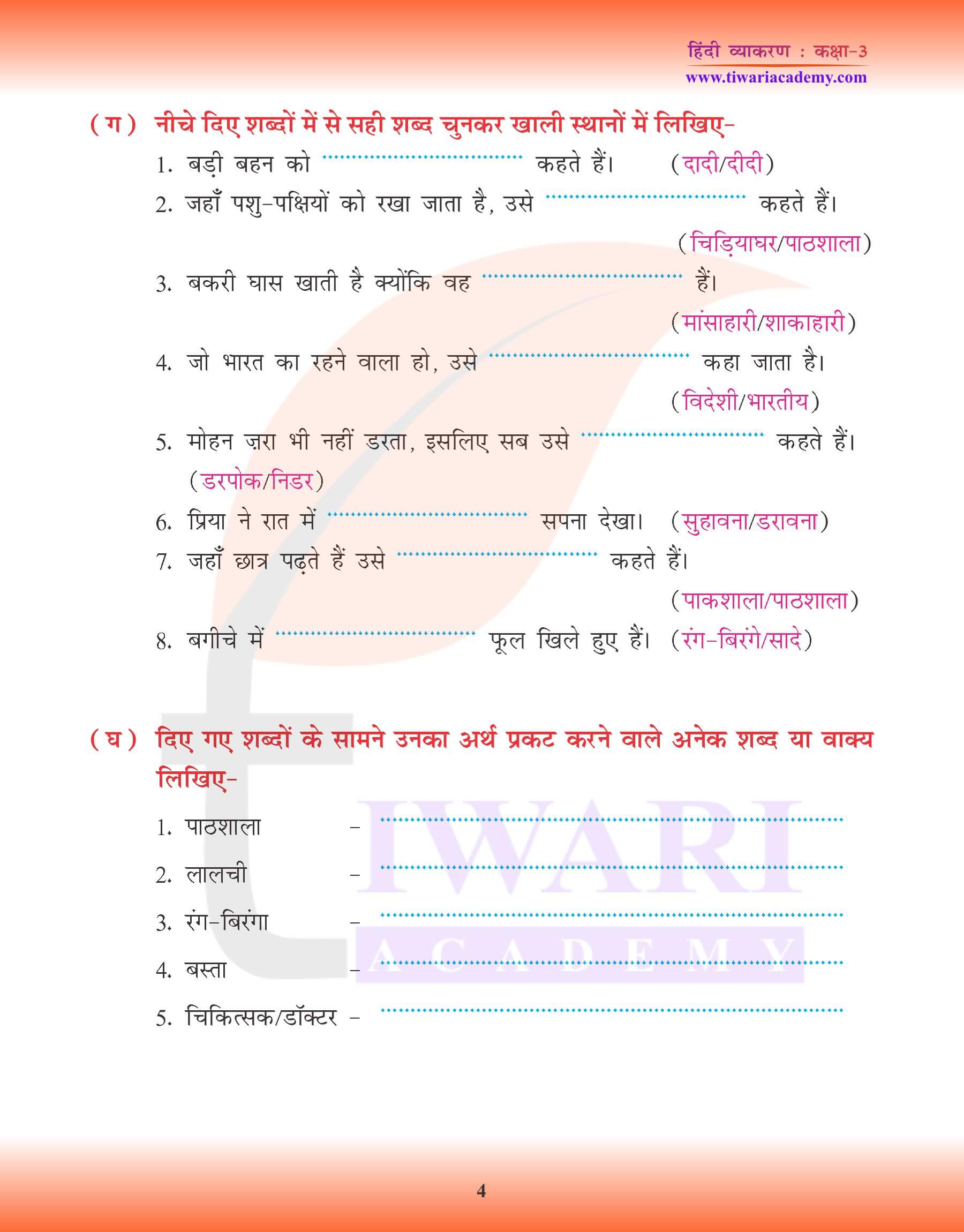 कक्षा 3 हिंदी व्याकरण अनेक के लिए एक शब्द