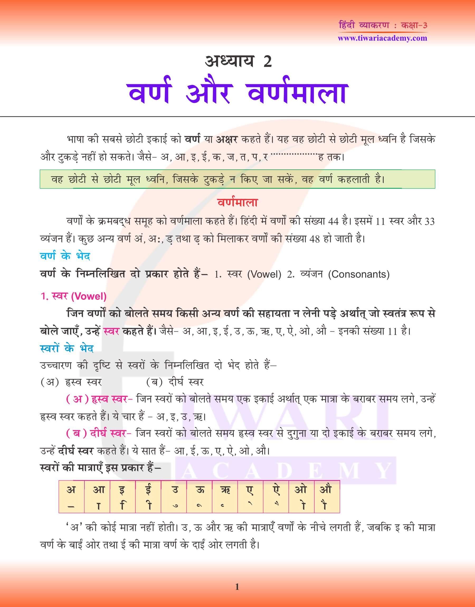 कक्षा 3 हिंदी व्याकरण पाठ 2 वर्ण और वर्णमाला