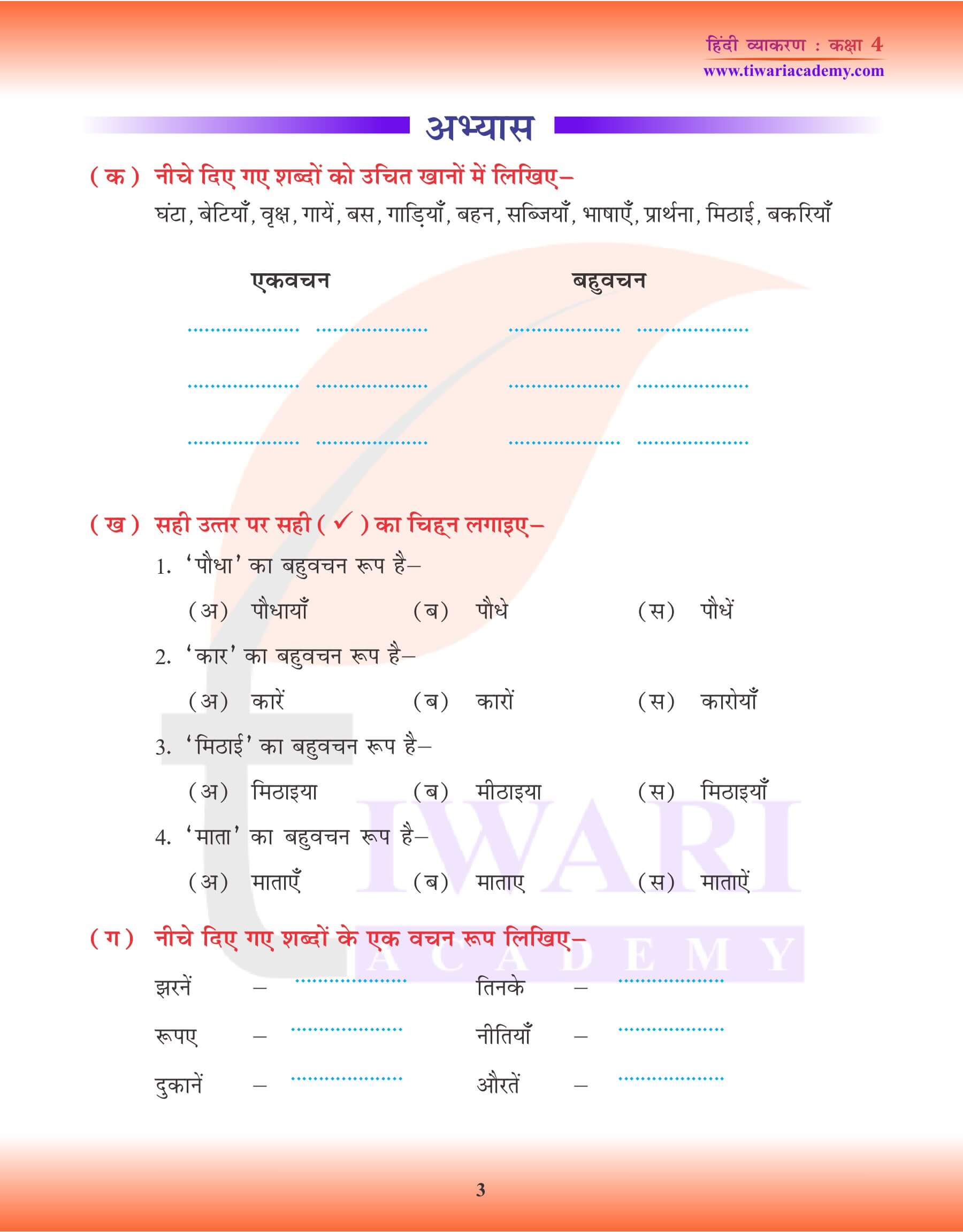 कक्षा 4 हिंदी व्याकरण में एकवचन तथा बहुवचन