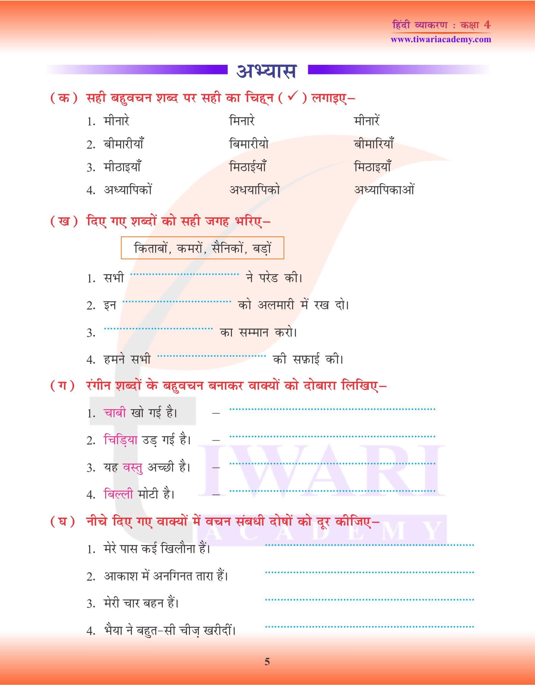 कक्षा 4 हिंदी व्याकरण में एकवचन के उदाहरण