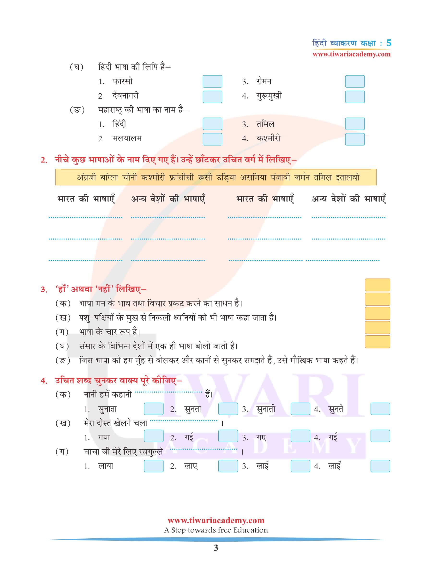 कक्षा 5 हिंदी व्याकरण अध्याय 1 भाषा और व्याकरण के भेद