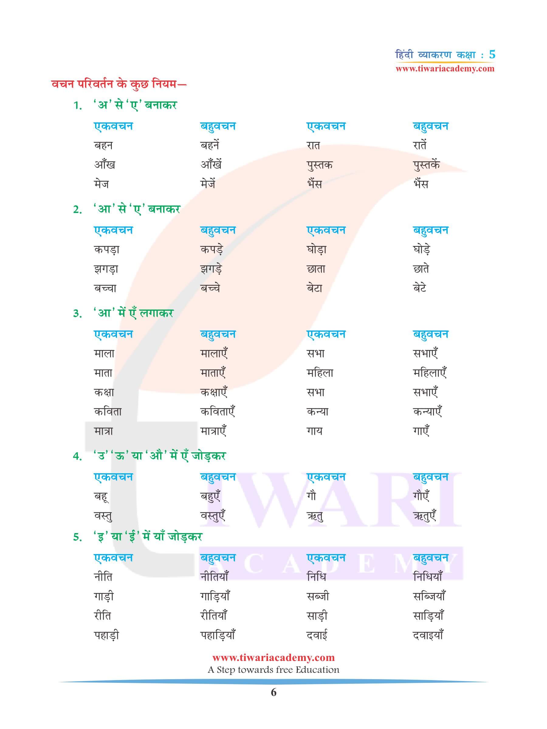 कक्षा 5 हिंदी व्याकरण अध्याय 4 वचन बदलो