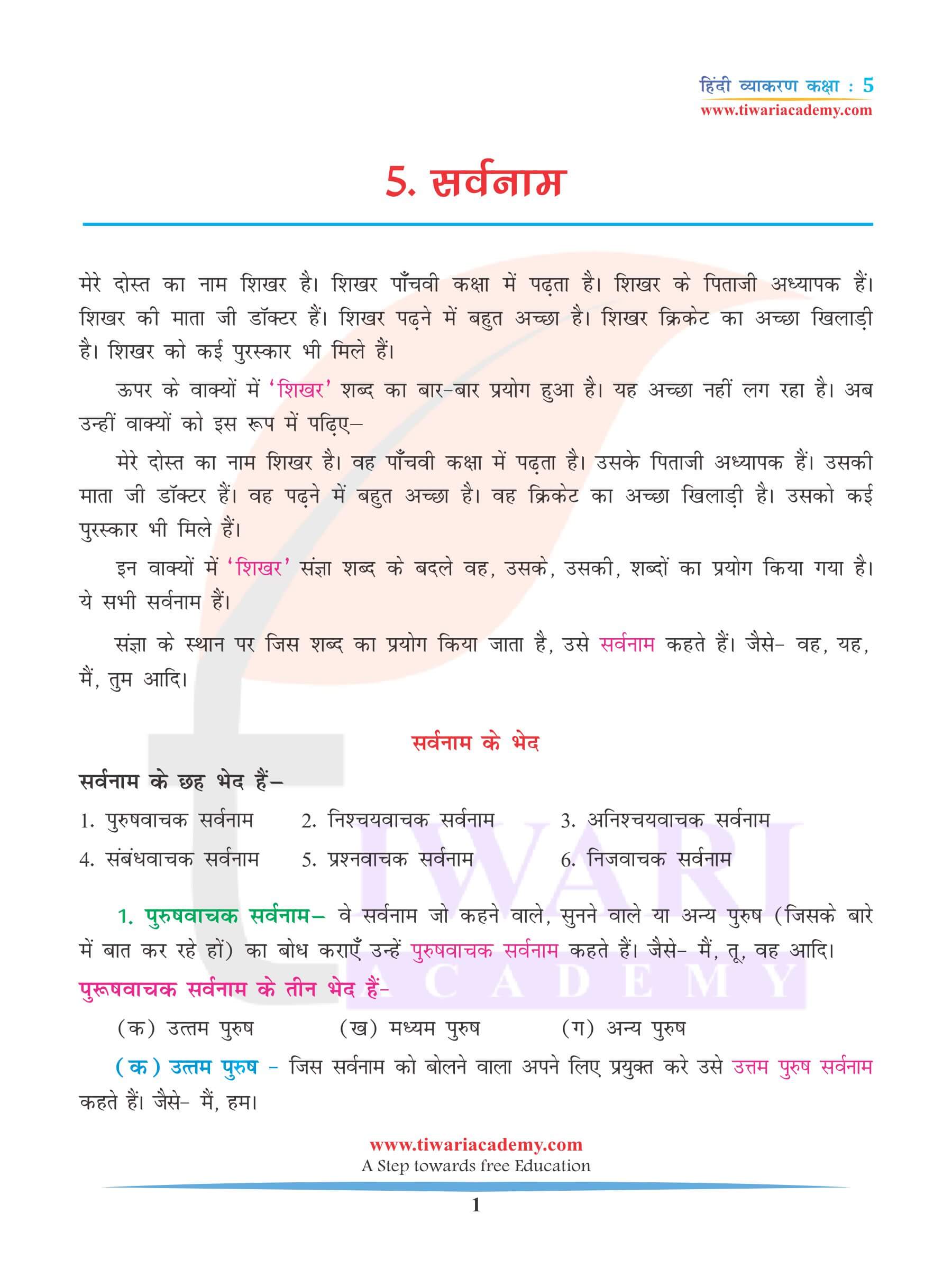 कक्षा 5 हिंदी व्याकरण अध्याय 5 सर्वनाम