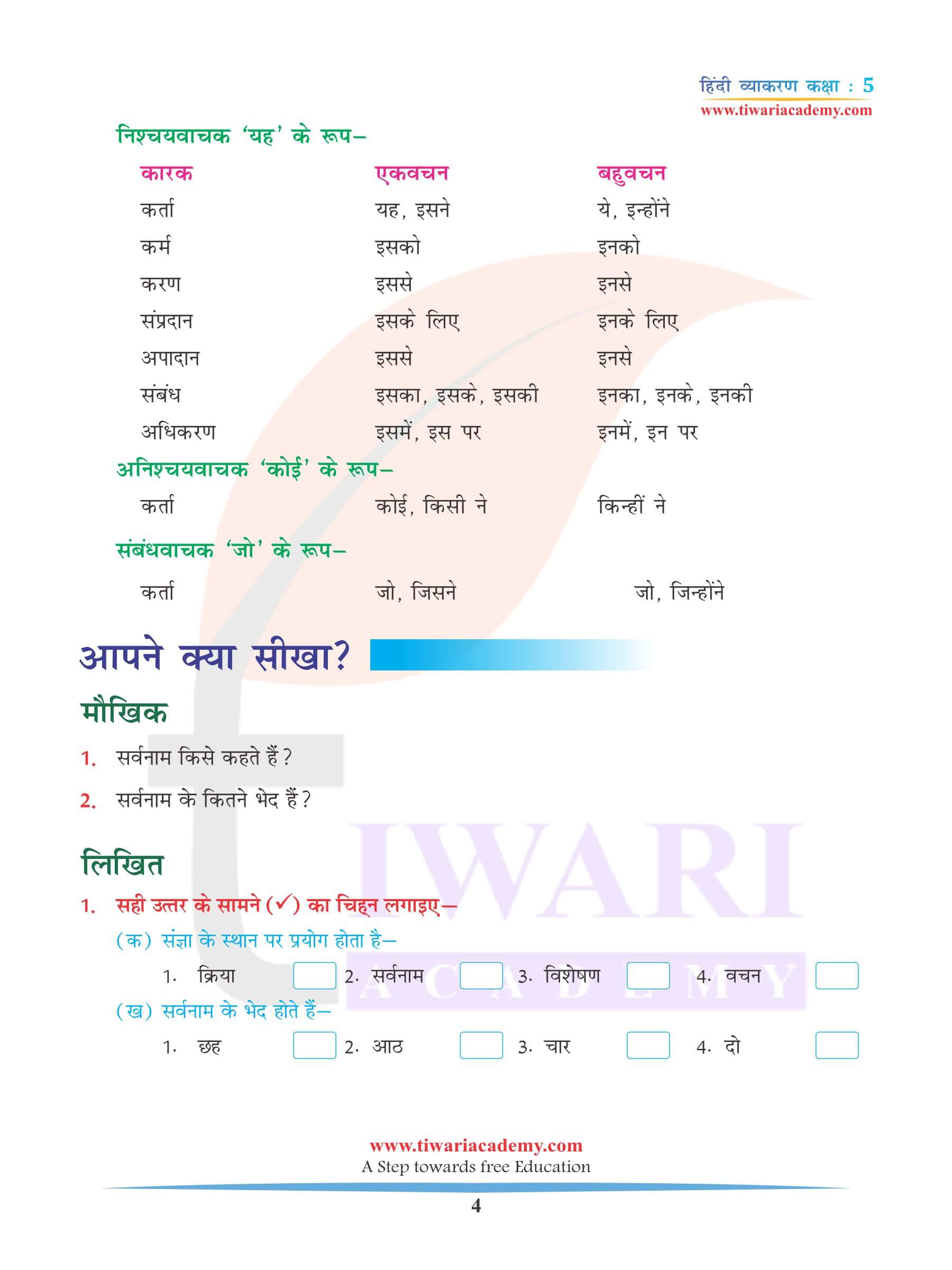 कक्षा 5 हिंदी व्याकरण अध्याय 5 सर्वनाम के विभिन्न प्रकार