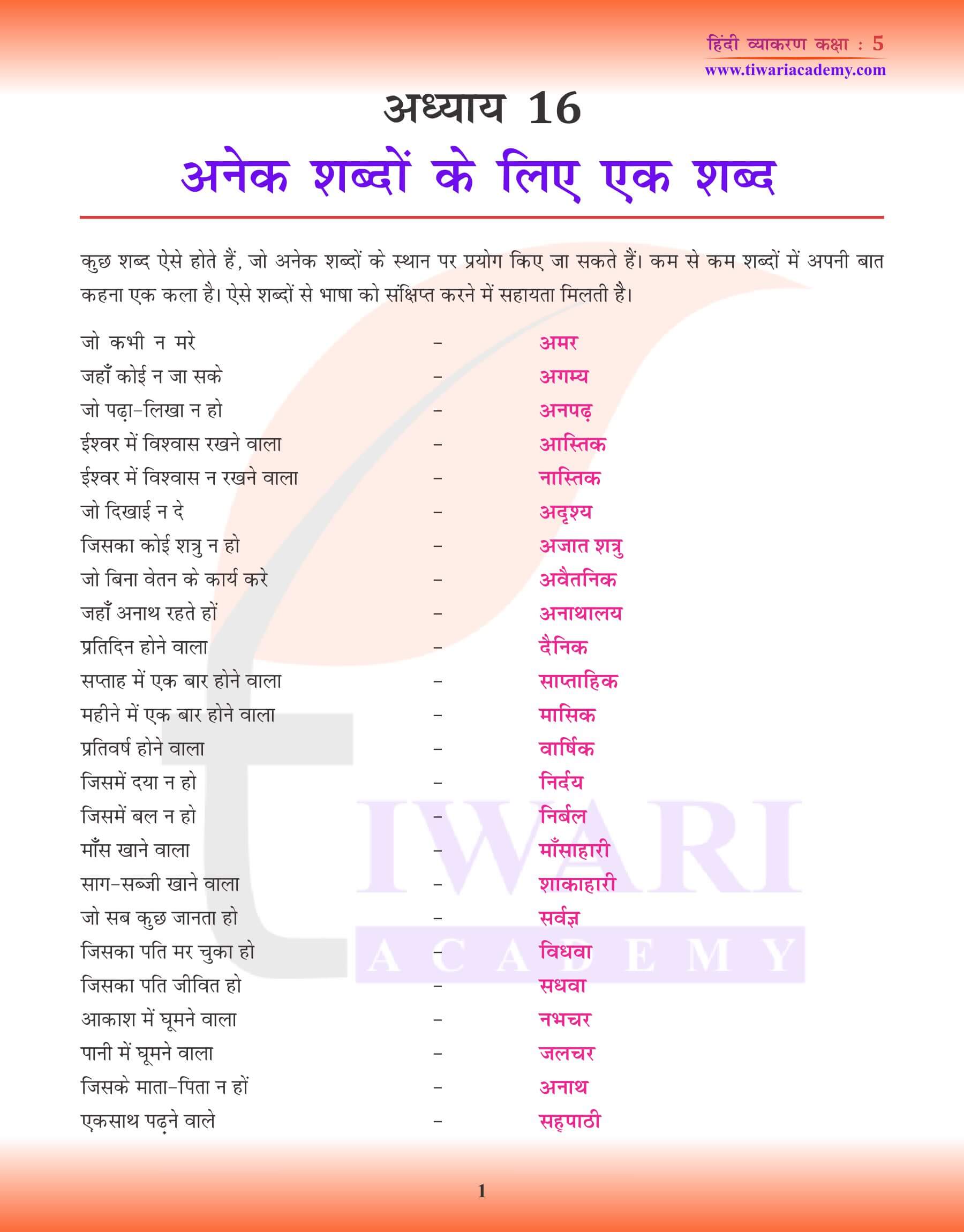हिंदी व्याकरण में अनेक शब्दों के लिए एक शब्द