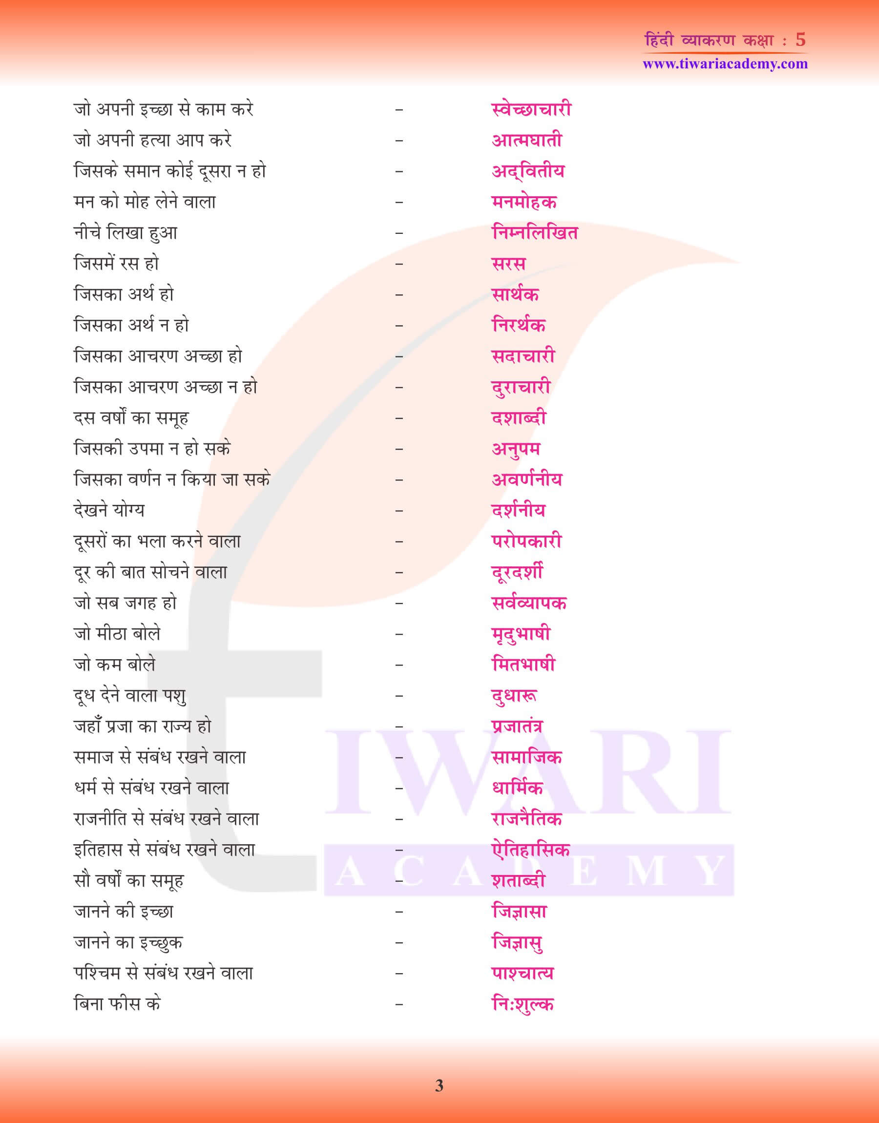 हिंदी व्याकरण में अनेक शब्दों के लिए एक शब्द अभ्यास प्रश्न