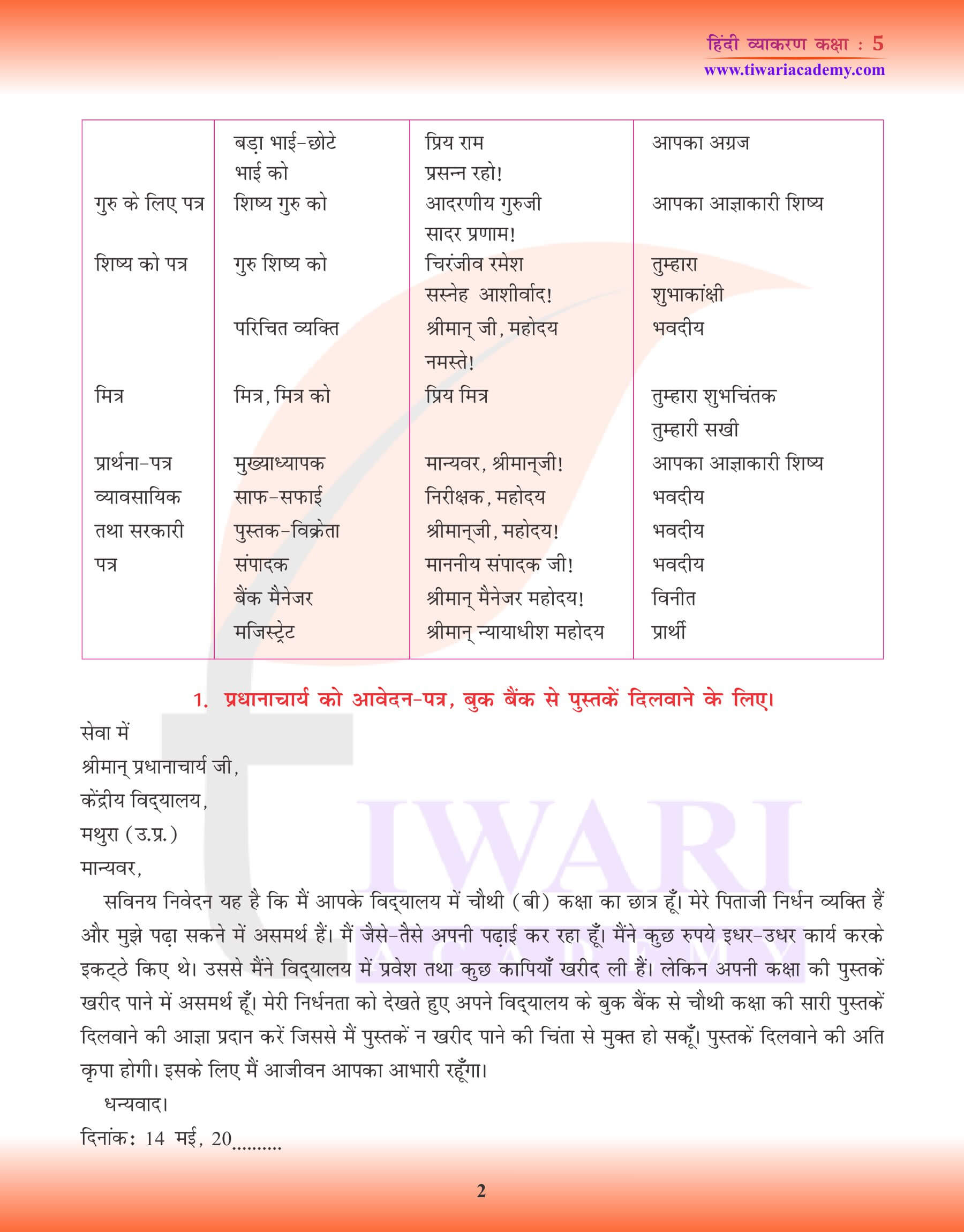 कक्षा 5 हिंदी व्याकरण में पत्र लेखन