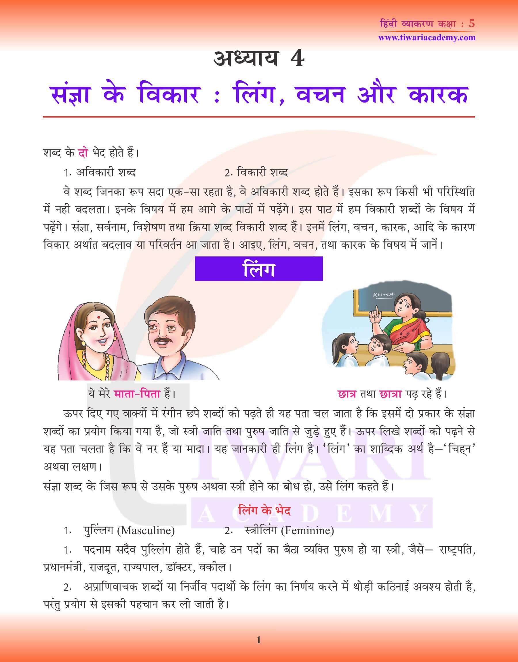 कक्षा 5 हिंदी व्याकरण लिंग, वचन और कारक