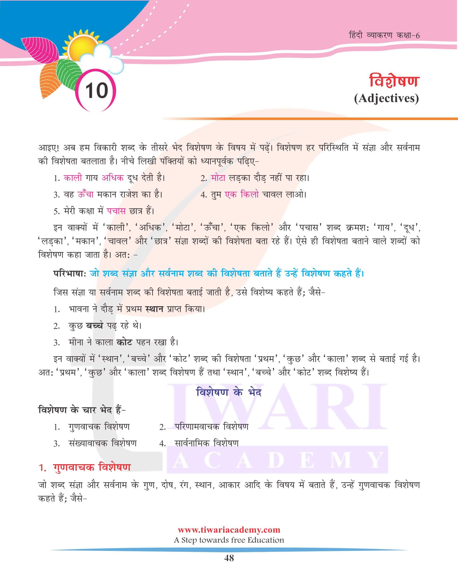 कक्षा 6 हिंदी व्याकरण अध्याय 10 विशेषण के भेद