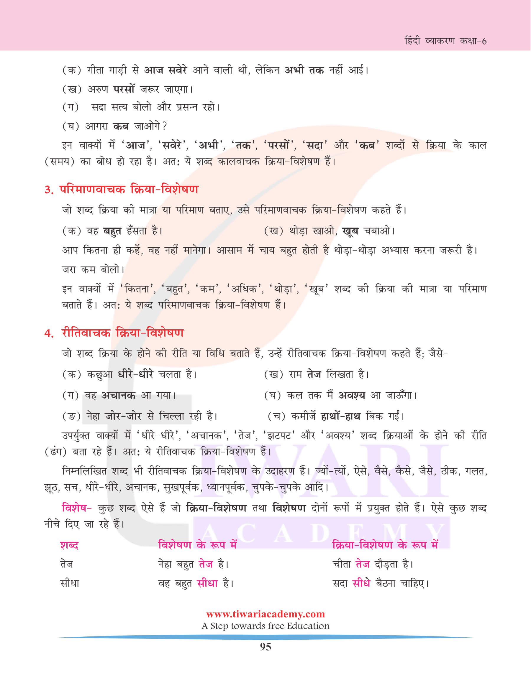 कक्षा 6 हिंदी व्याकरण अध्याय 20 क्रिया-विशेषण के उदाहरण