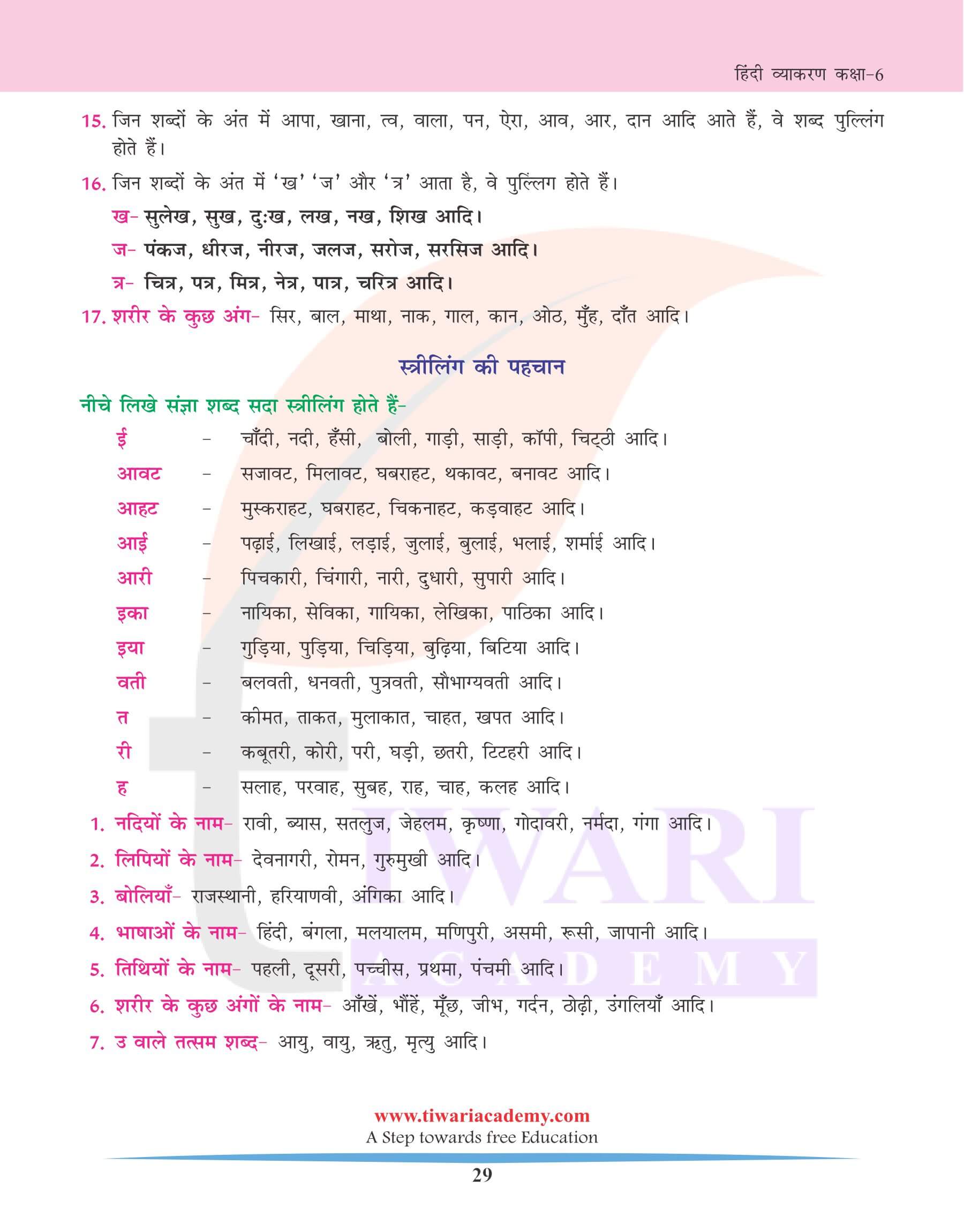 कक्षा 6 हिंदी व्याकरण अध्याय 6 लिंग के भेद