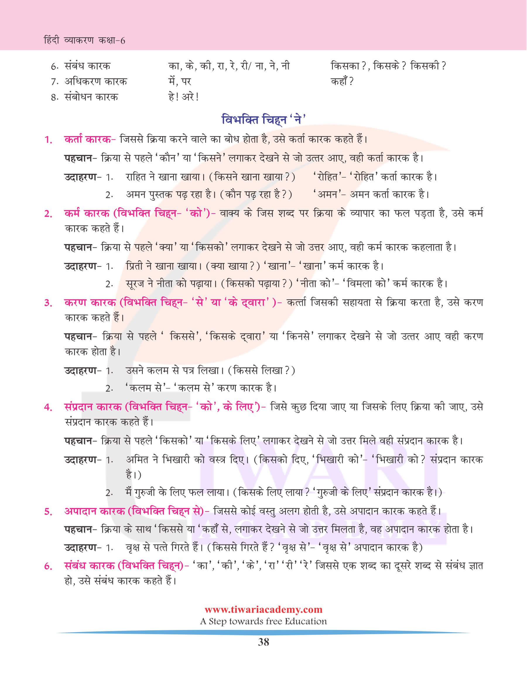 कक्षा 6 हिंदी व्याकरण कारक के भेद