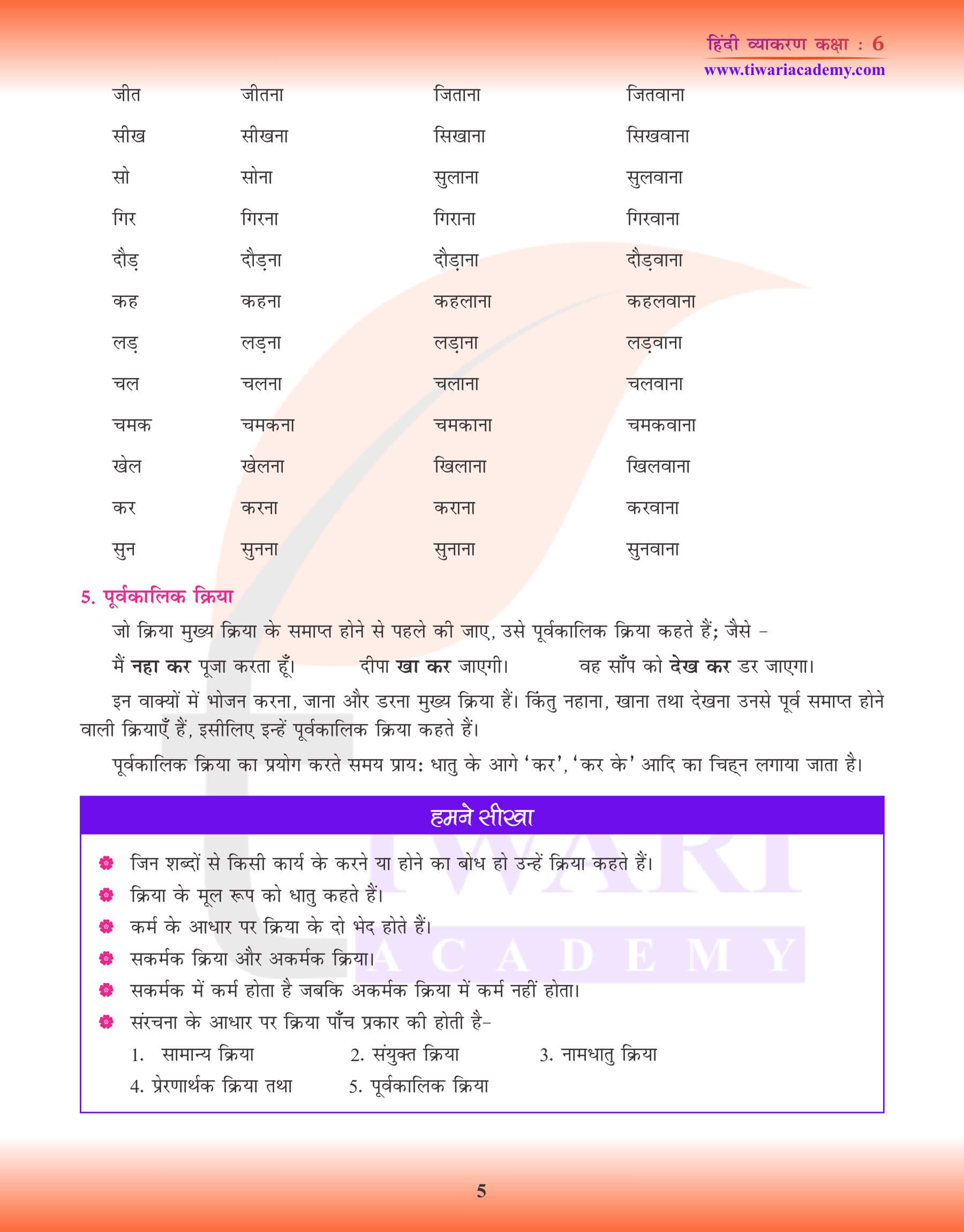 कक्षा 6 हिंदी व्याकरण पाठ 11 क्रिया के लिए अभ्यास