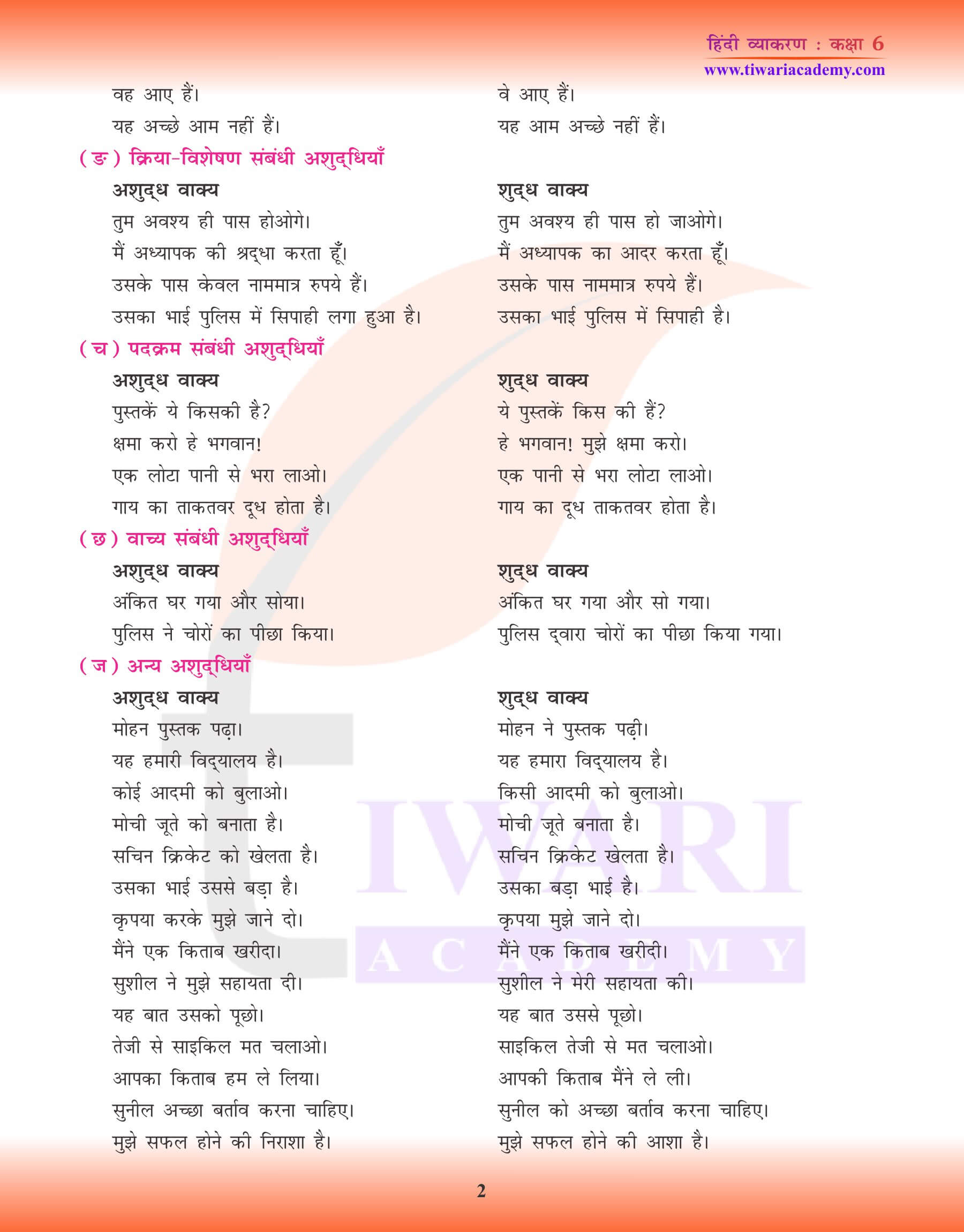 कक्षा 6 हिंदी व्याकरण सामान्य अशुद्धियाँ के लिए पठन सामग्री