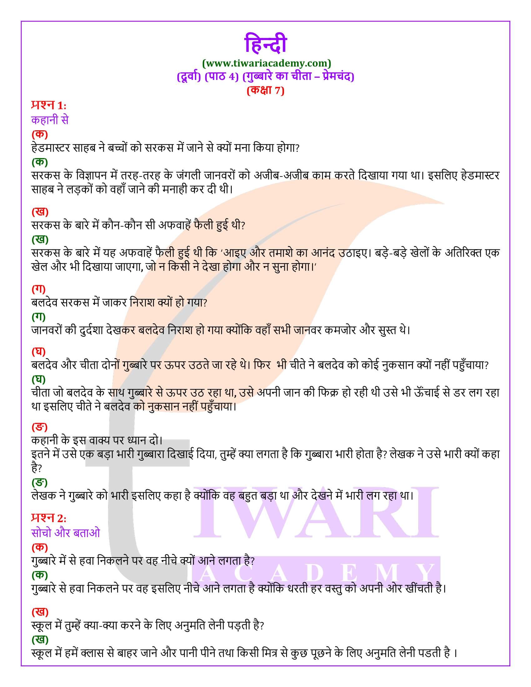 कक्षा 7 हिंदी दूर्वा अध्याय 4 गुब्बारे पर चीता के प्रश्न उत्तर