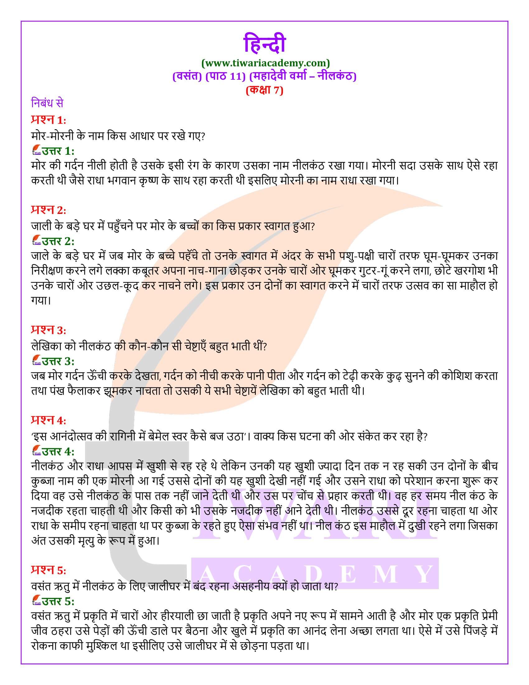 कक्षा 7 हिंदी वसंत अध्याय 11 नीलकंठ के प्रश्न उत्तर