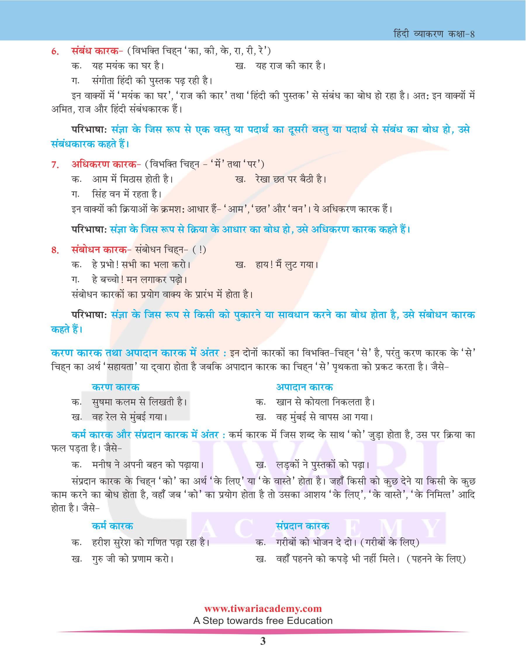 कक्षा 8 हिंदी व्याकरण अध्याय 8 कारक के चिन्ह