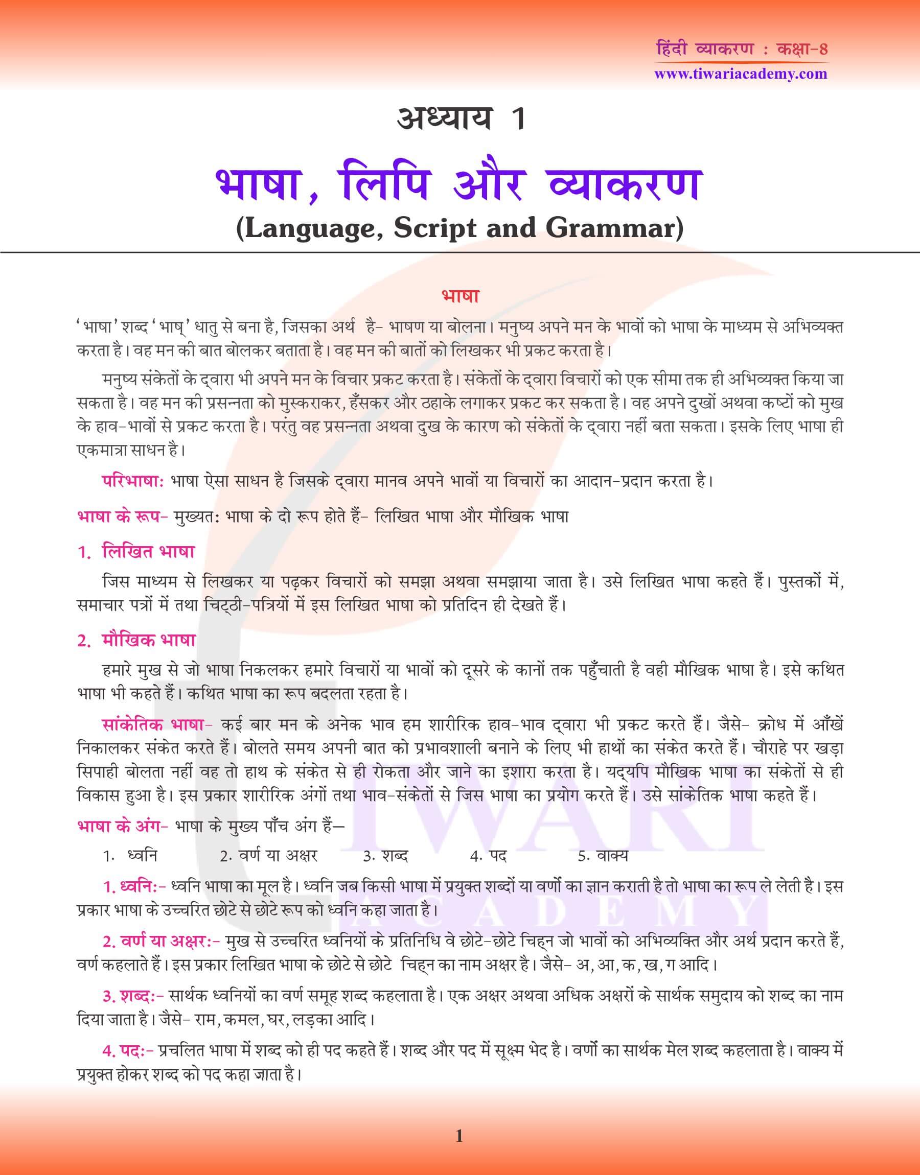 कक्षा 8 हिंदी व्याकरण अध्याय 1 भाषा और व्याकरण अभ्यास पुस्तिका
