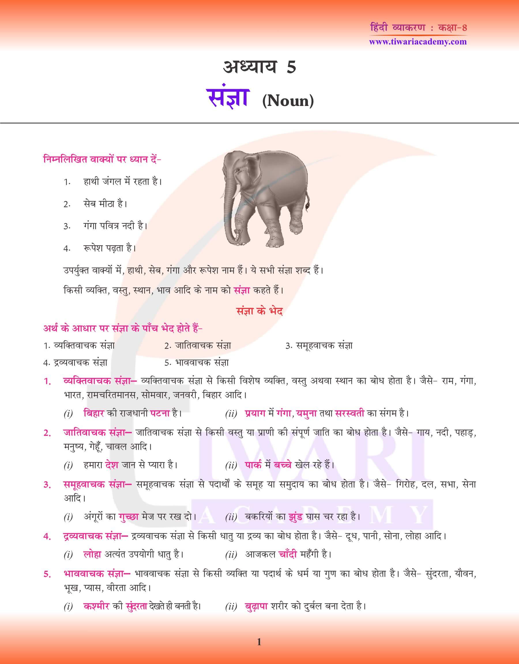 कक्षा 8 हिंदी व्याकरण में संज्ञा के भेद