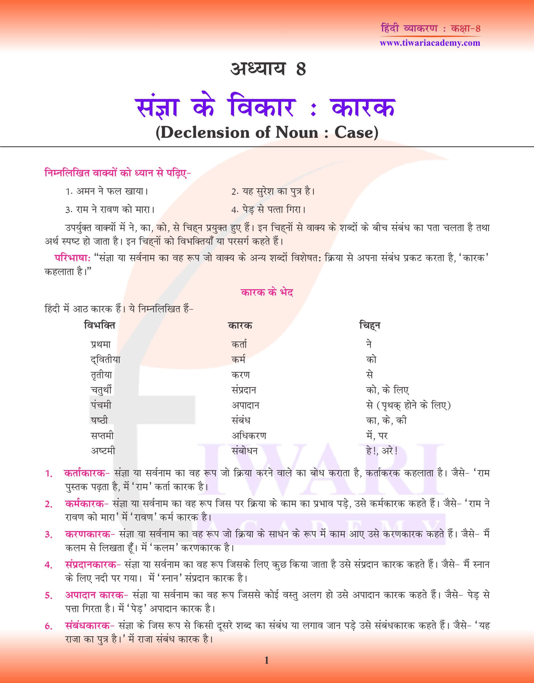 कक्षा 8 हिंदी व्याकरण अध्याय 8 कारक चिन्ह