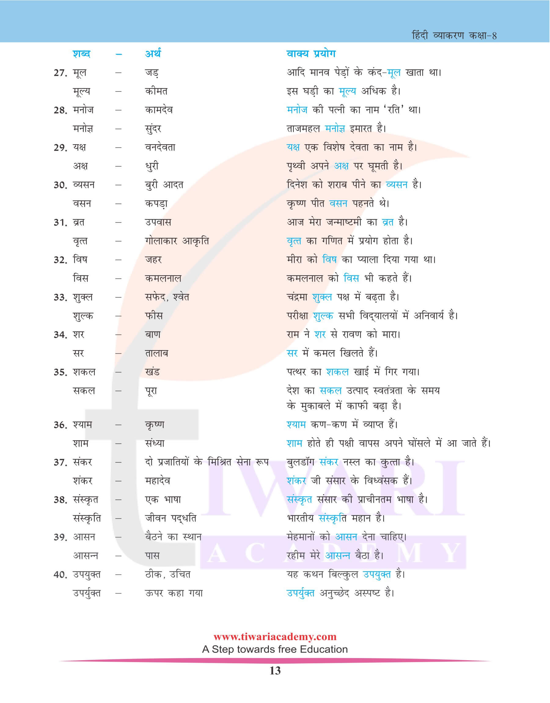 कक्षा 8 हिंदी व्याकरण में भिन्नार्थक शब्द अभ्यास