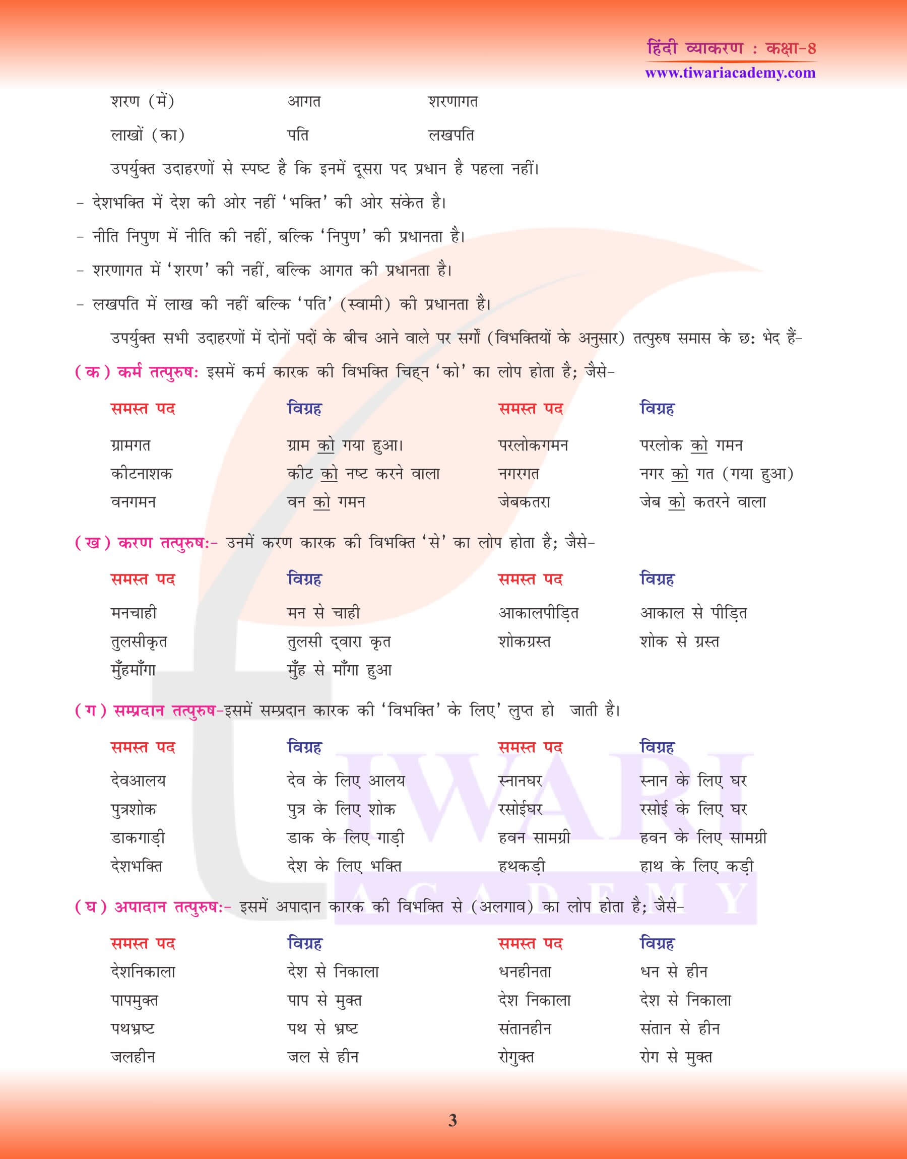 कक्षा 8 हिंदी व्याकरण समास के लिए अभ्यास प्रश्न
