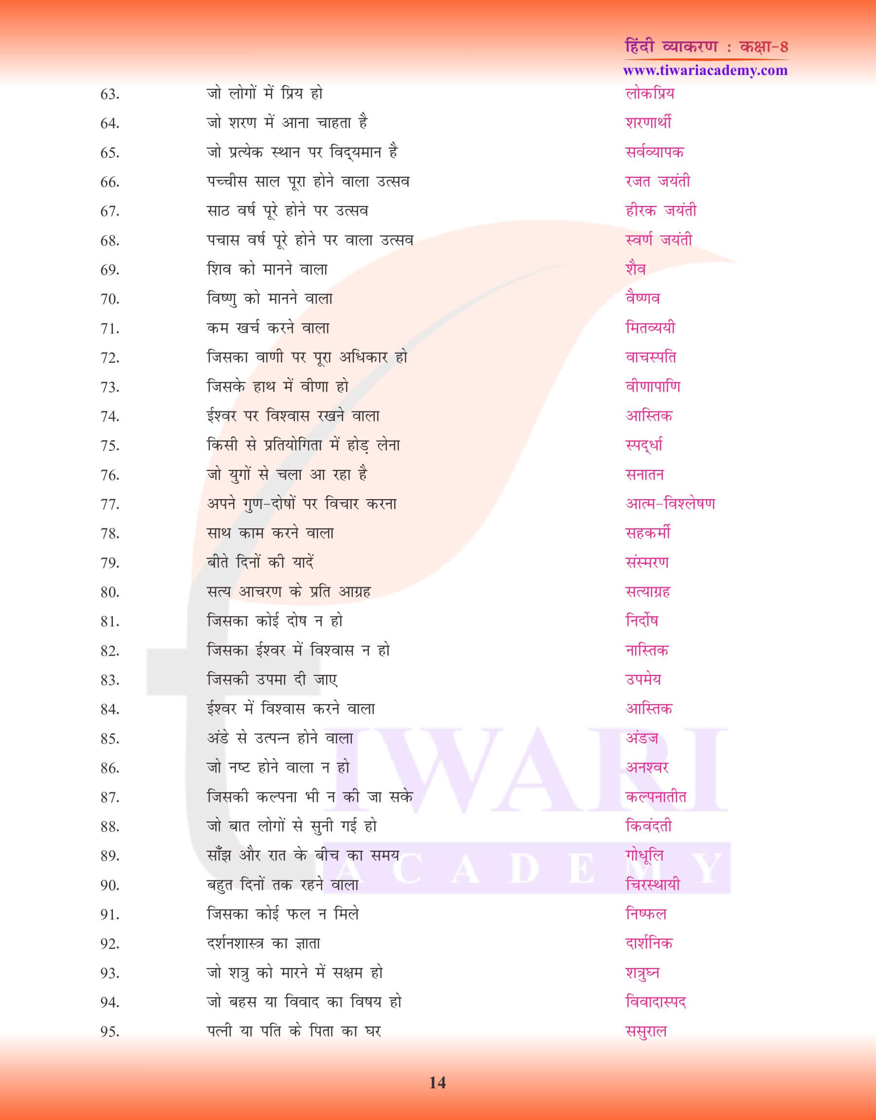 कक्षा 8 हिंदी व्याकरण में अनेक शब्दों के लिए एक शब्द नोट्स