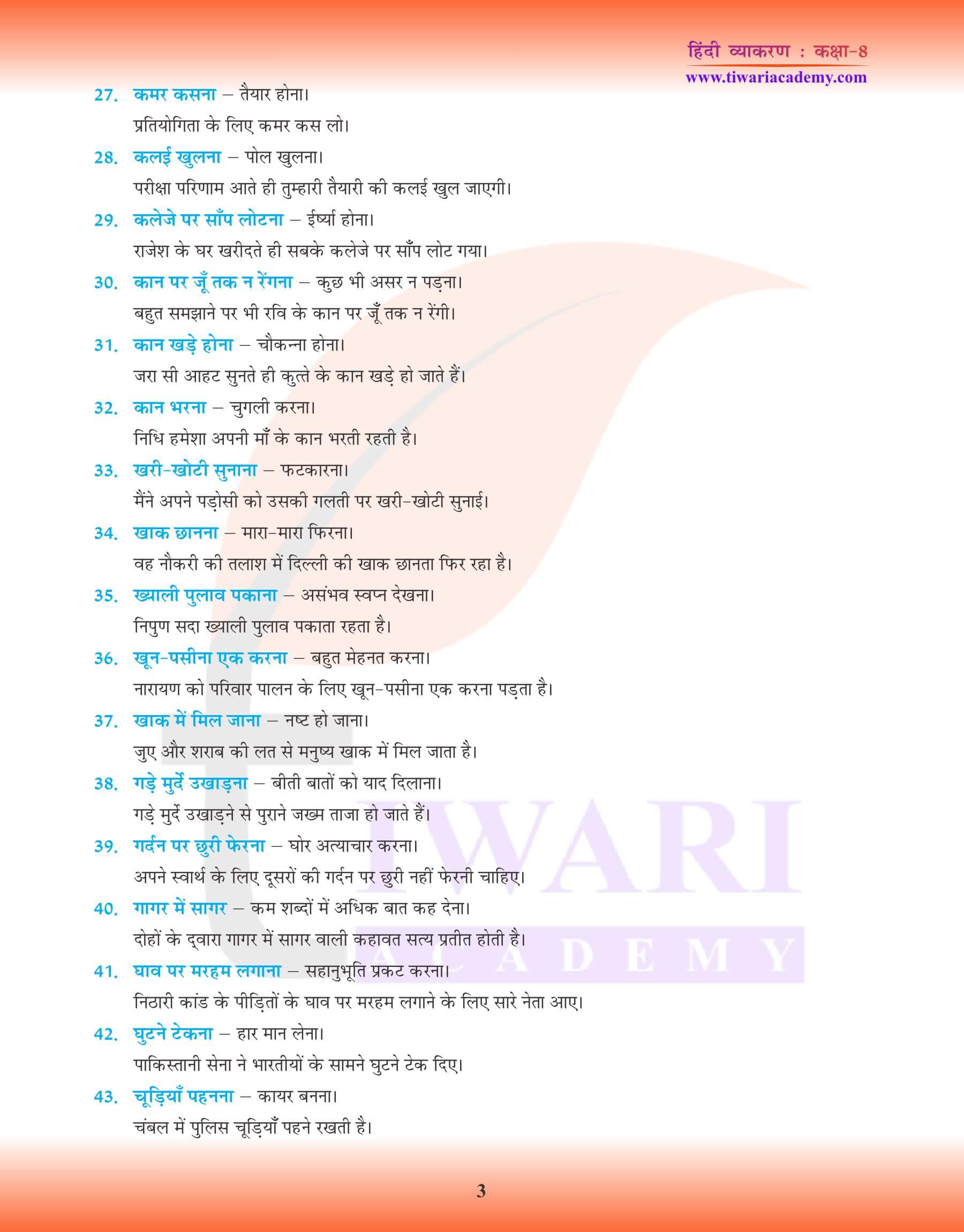 कक्षा 8 हिंदी व्याकरण में मुहावरे का वाक्य प्रयोग