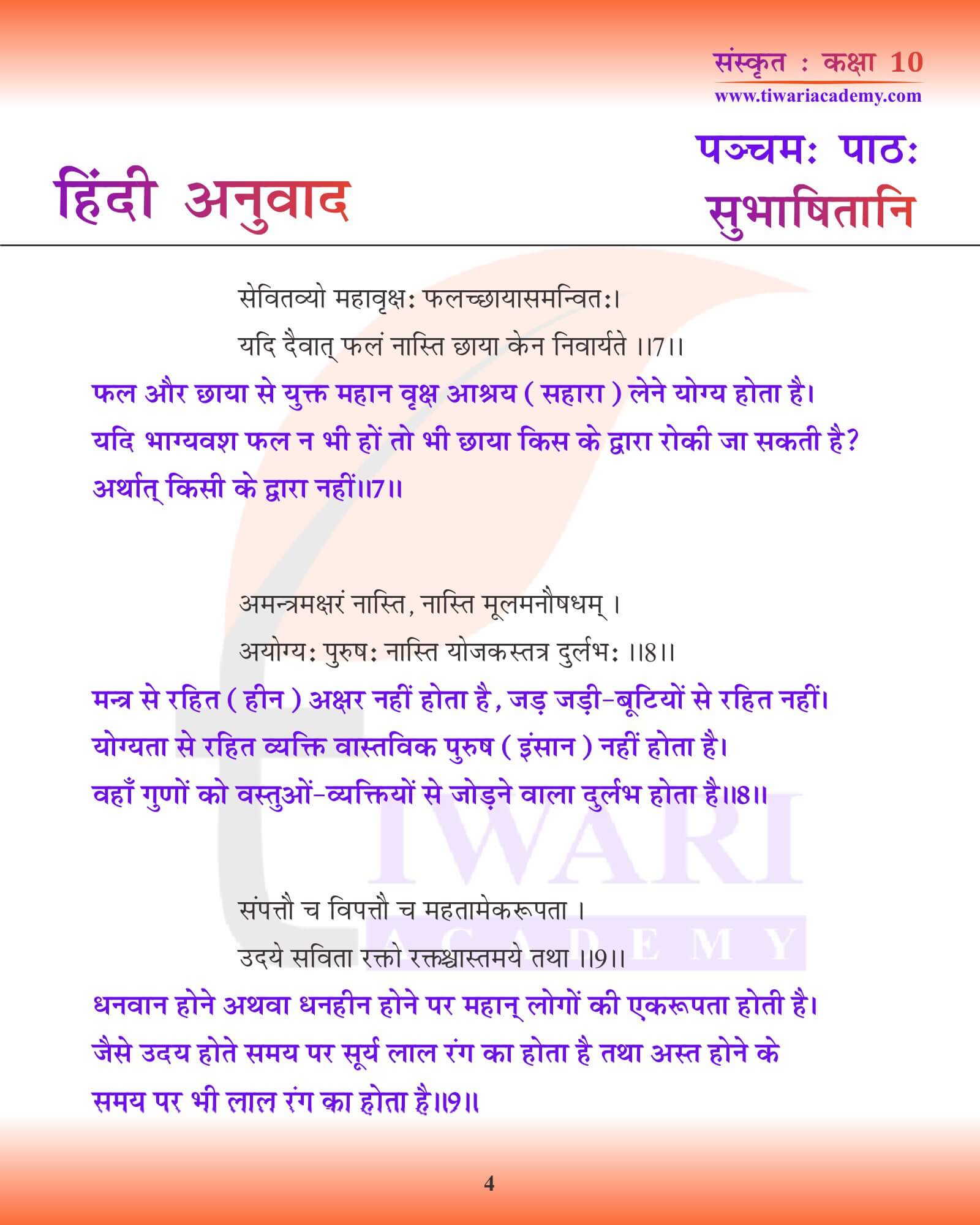 कक्षा 10 संस्कृत अध्याय 5 हिंदी ट्रांसलेशन