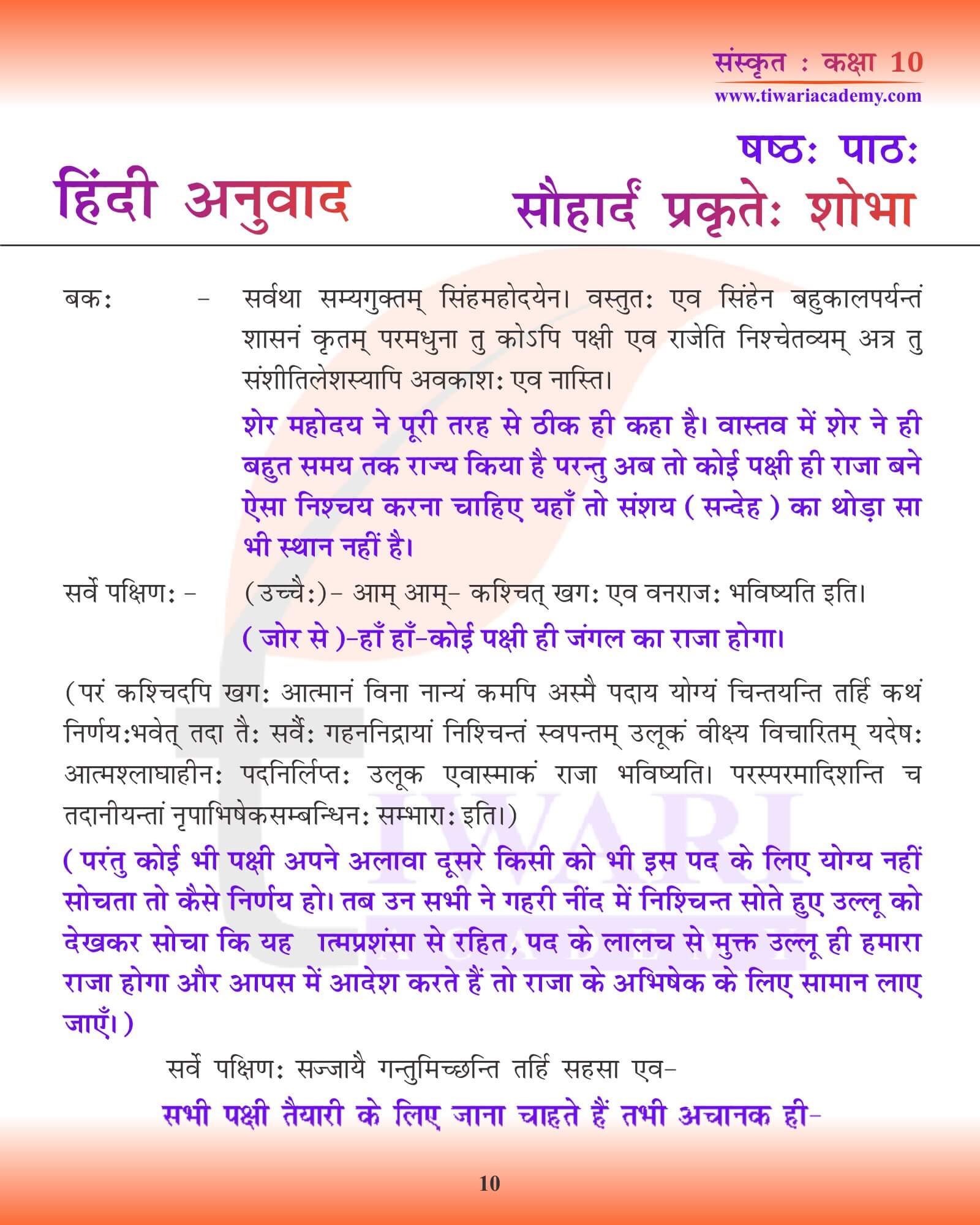 कक्षा 10 संस्कृत अध्याय 6 हिंदी में अध्ययन