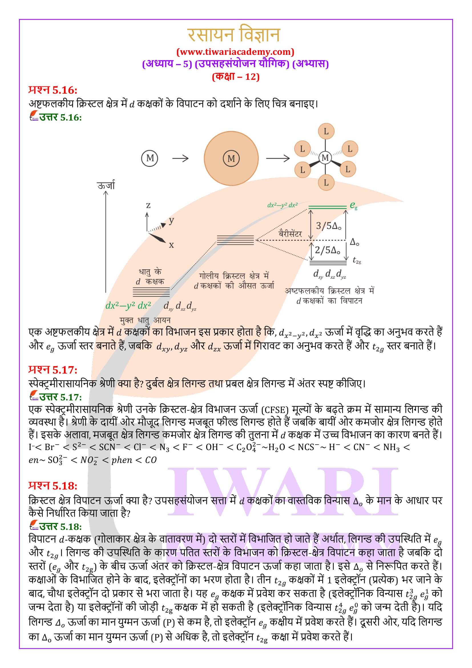 कक्षा 12 रसायन विज्ञान अध्याय 5 के उत्तर हिंदी में