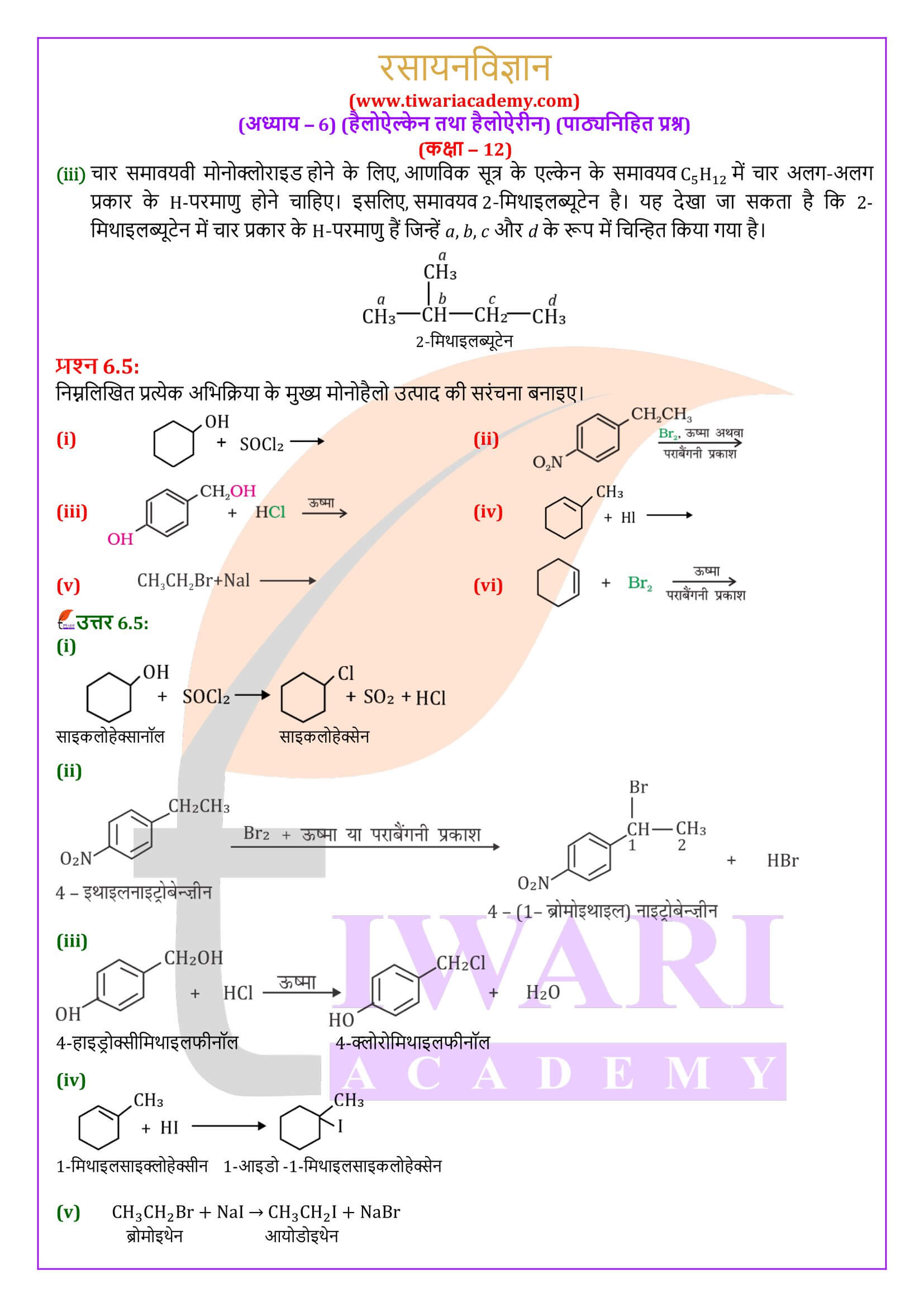 कक्षा 12 रसायन विज्ञान अध्याय 6 पाठ्यनिहित के उत्तर
