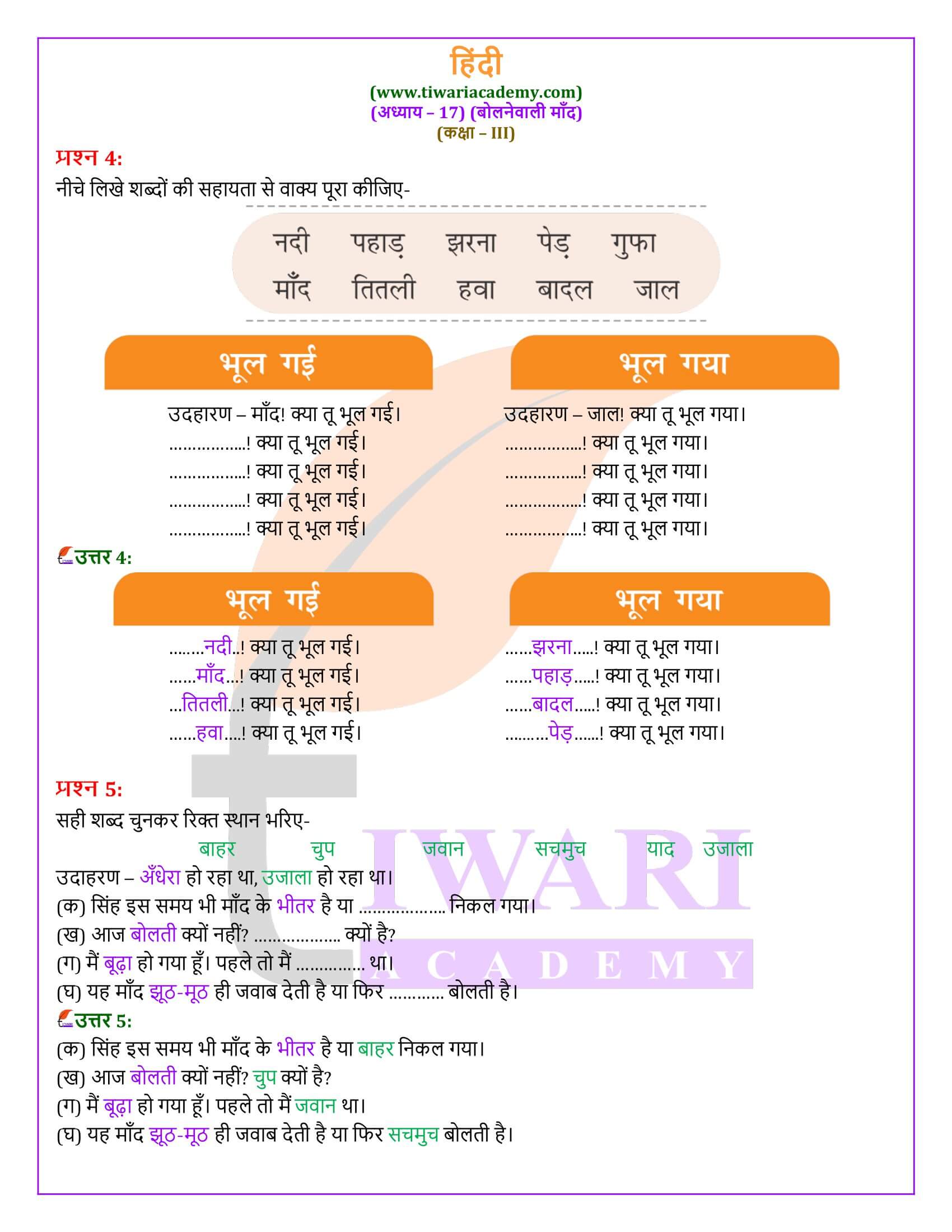 कक्षा 3 हिंदी वीणा अध्याय 17 के प्रश्न उत्तर