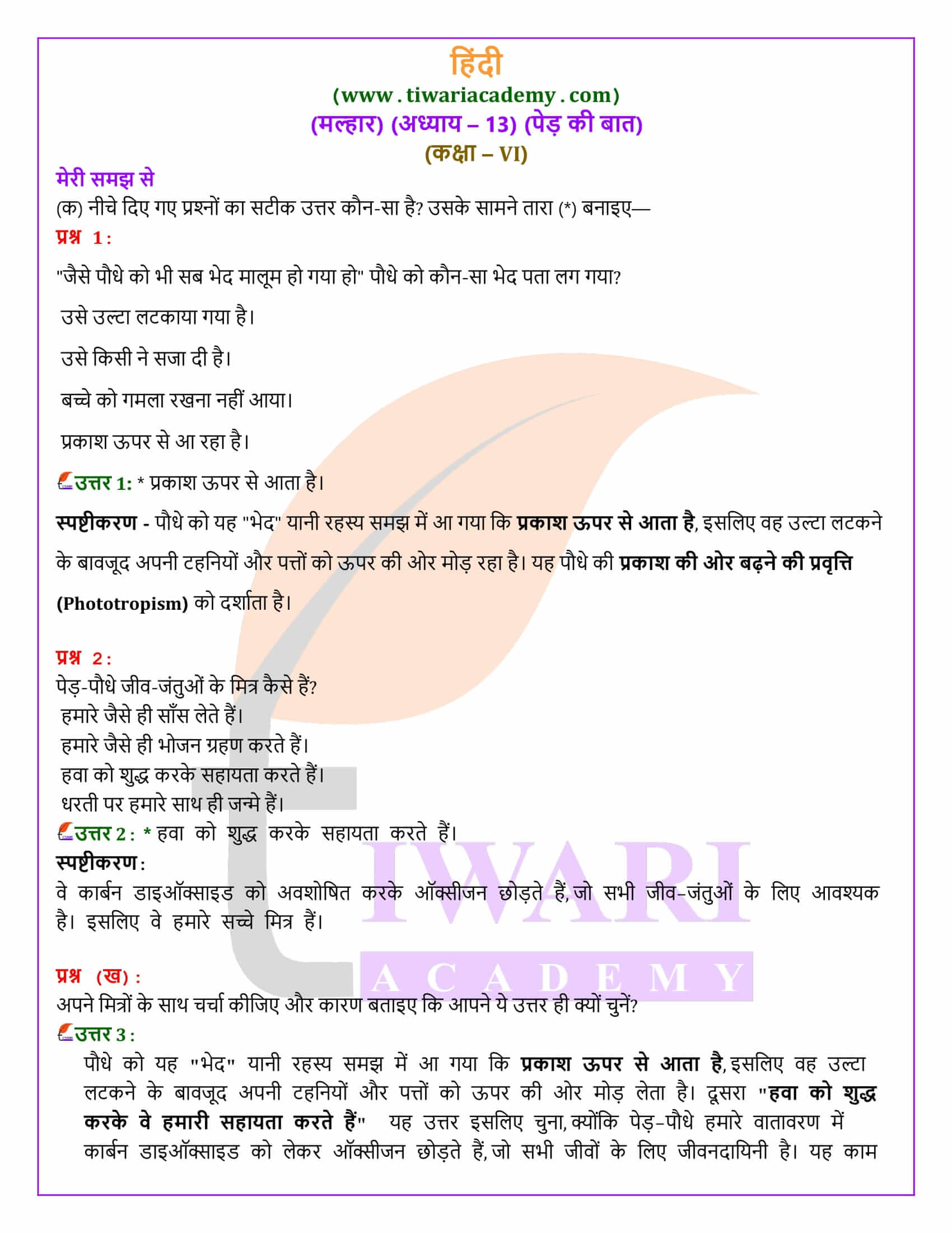 कक्षा 6 हिंदी मल्हार अध्याय 13 पेड़ की बात