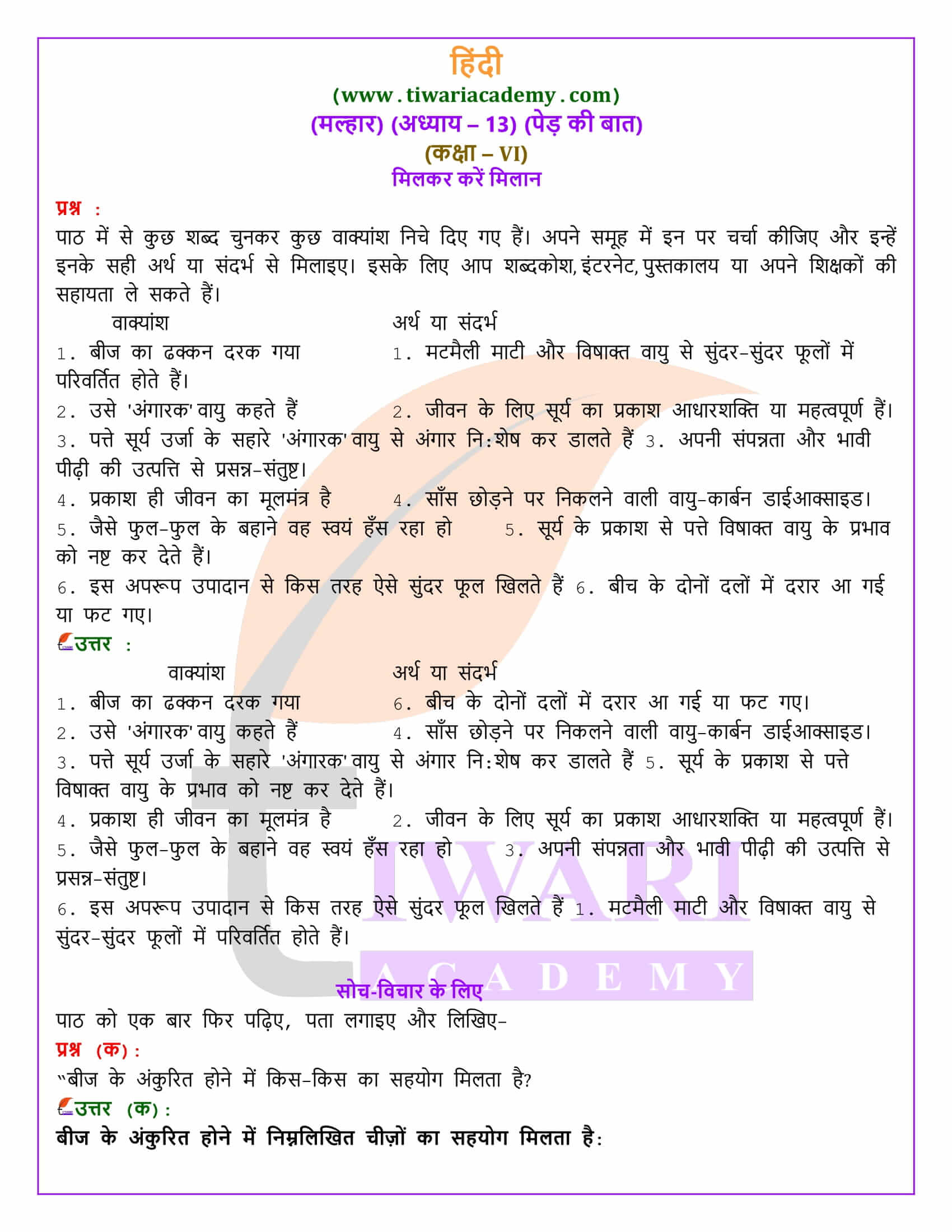 कक्षा 6 हिंदी मल्हार अध्याय 13 पेड़ की बात के प्रश्न उत्तर