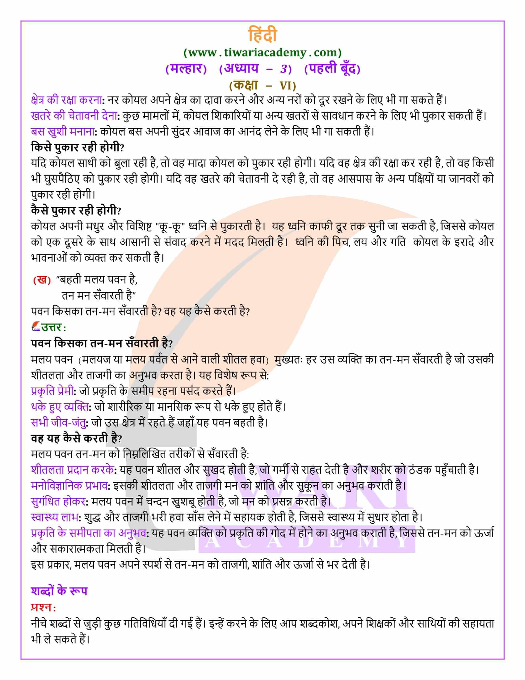 कक्षा 6 मल्हार अध्याय 3 पहली बँदू