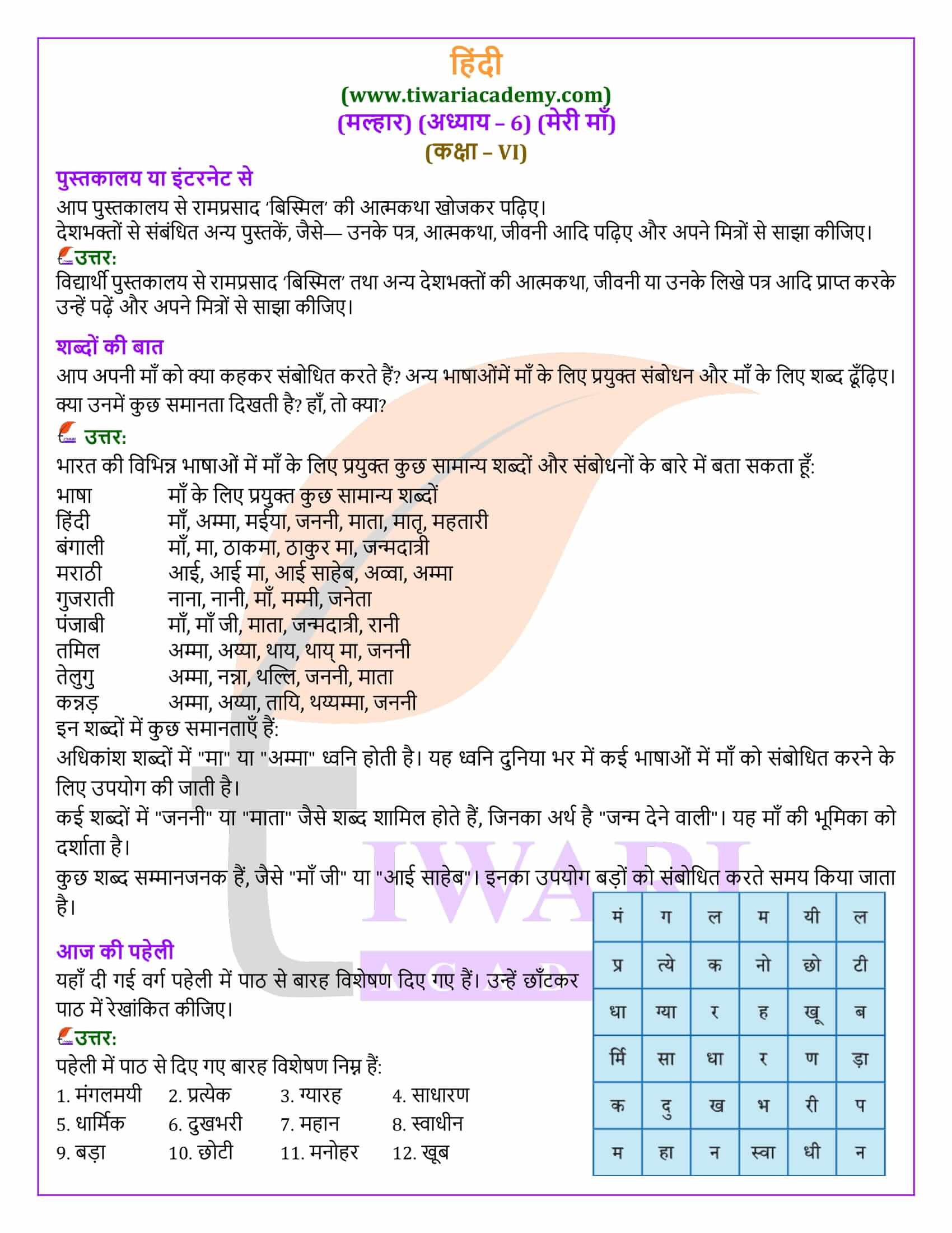 कक्षा 6 हिंदी मल्हार अध्याय 6 अभ्यास के प्रश्न उत्तर