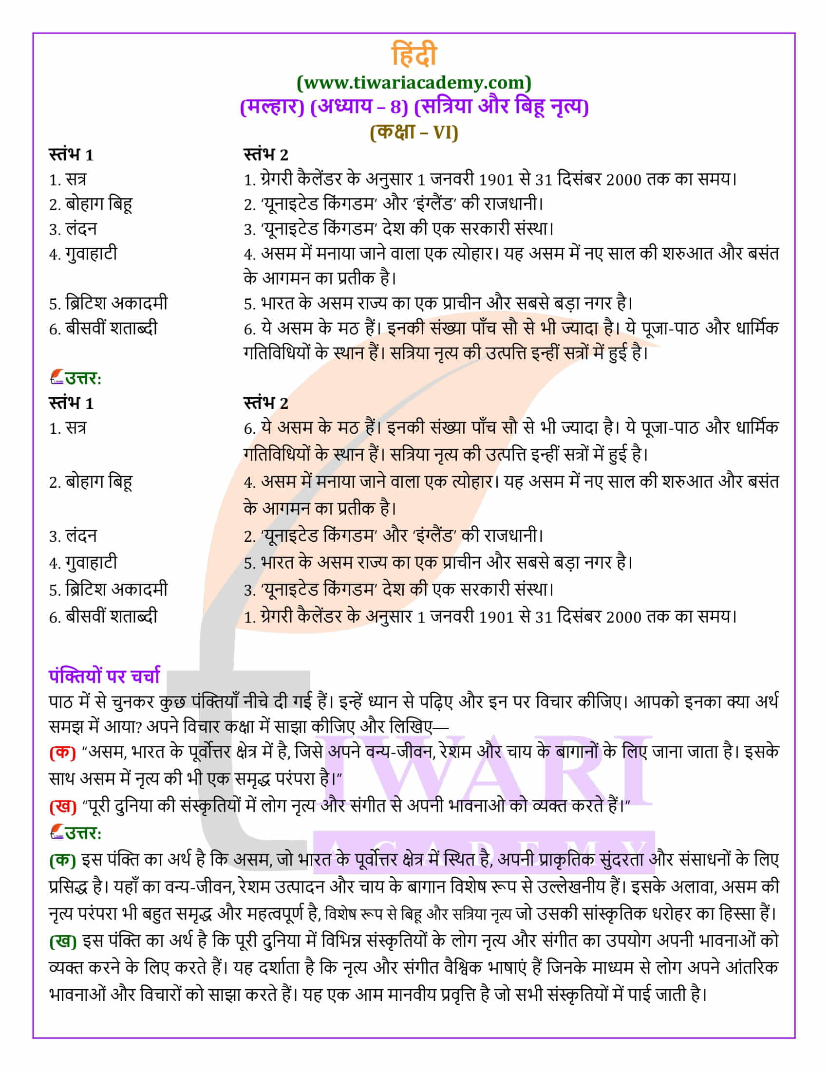 कक्षा 6 हिंदी मल्हार अध्याय 8 सत्रिया और बिहू नृत्य एनसीईआरटी समाधान